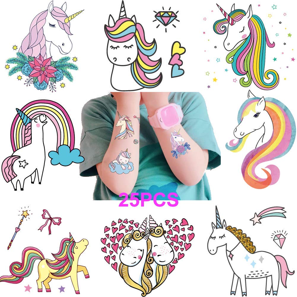 Dusenly Unicorn Temporary Tattoos for Kids (Pack of 25 Sheets) Non Toxic Waterproof Cartoon Rainbow Unicorn Tattoos Sticker for Children Birthday Party Favors