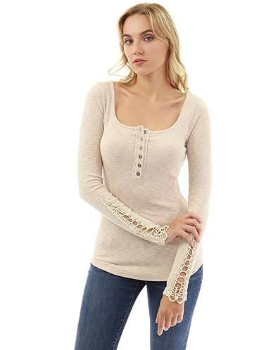 PattyBoutik Damen Henley Häkelspitze Einfassung Langarmshirt