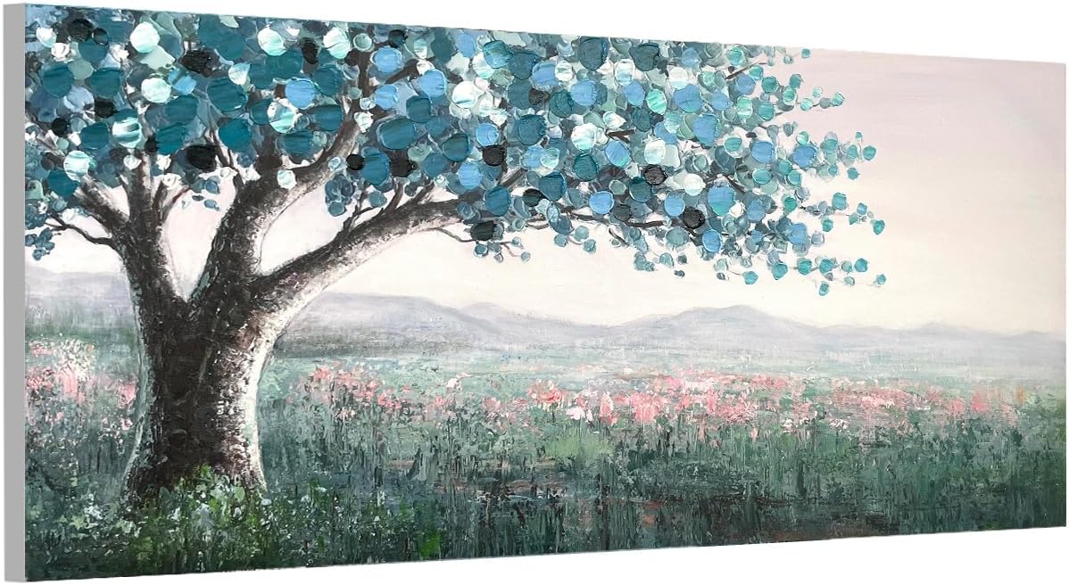 Paintings - GUMEYJIA Blue Tree Wall Art Hand-Painted Tree Oil Painting on Canvas Gallery Wrapped Large Framed Big Tree landscape Artwork Suitable for Living Room Bedroom Office Decor 20x40 Inch X1 Piece