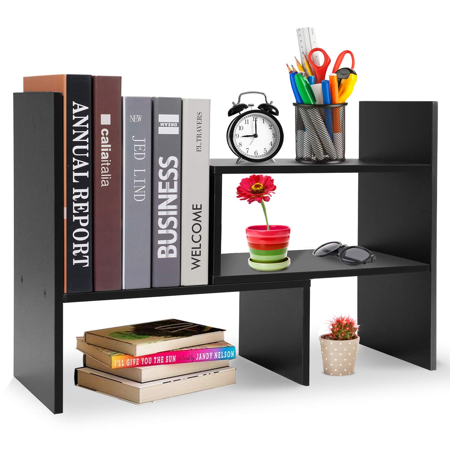 Hossejoy Adjustable MDF Desktop Bookshelf Desk Storage Organizer Display Shelf Rack, Counter Top Bookcase, Black