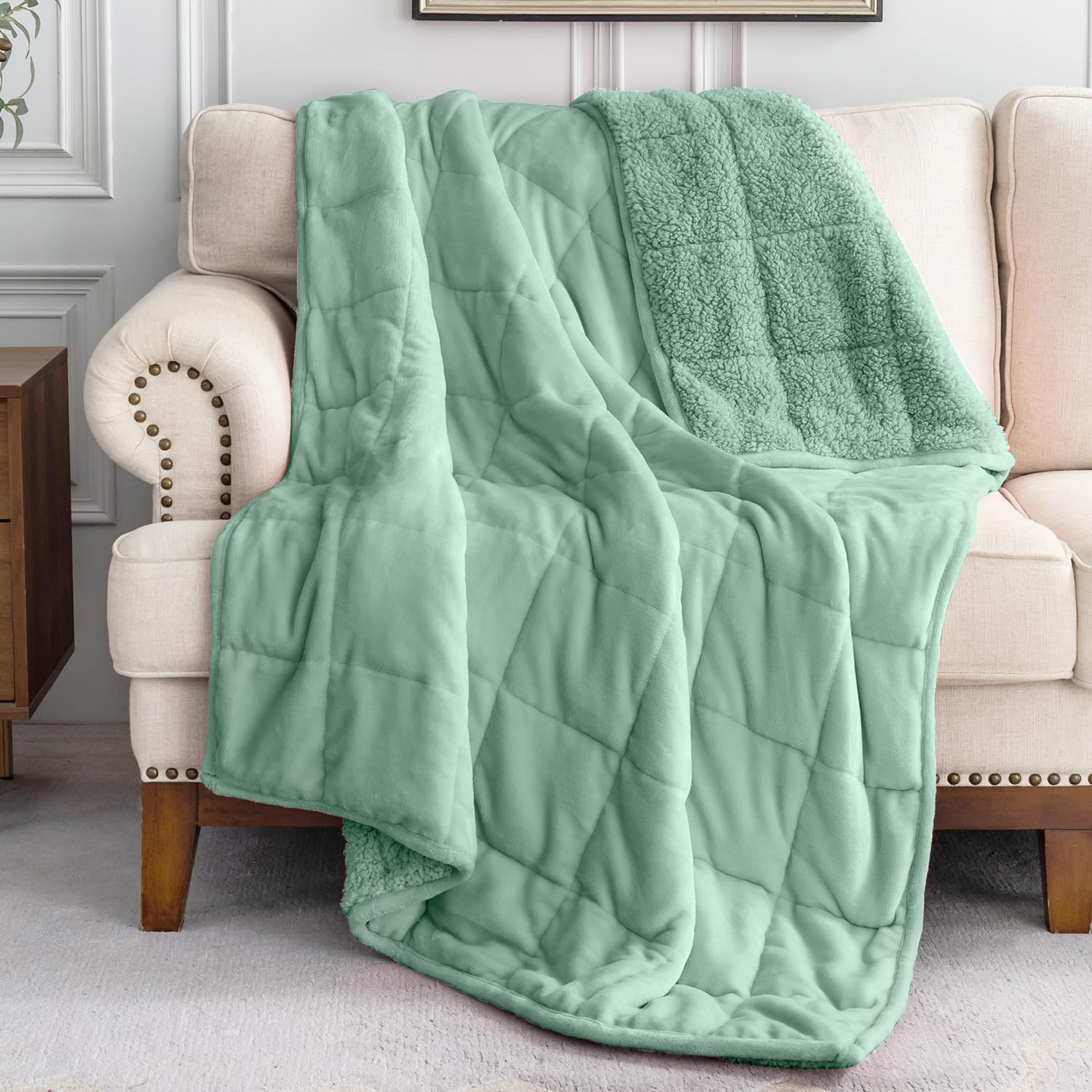 Uttermara Weighted Blanket Queen Size 15lbs 60x80 inches with Soft Plush Fleece, Cozy Warm Sherpa Snuggle Thick Heavy Blanket Great for Sleep and Calming, Sage Green Image