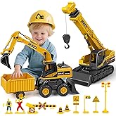 Kids Construction Toys for Boys - 3 in 1 Excavator, Crane and Dump Trucks with Road Signs for Toddlers Ages 3-5, Friction Power Construction Vehicles Model Car, Transport Truck Playset Birthday Gifts