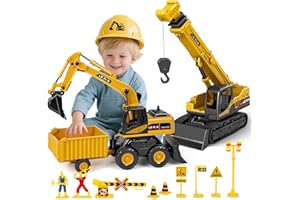 HYMAZ Kids Construction Toys for Boys - 3 in 1 Excavator, Crane and Dump Trucks with Road Signs for Toddlers Ages 3-5, Friction Power Construction Vehicles Model Car, Transport Truck Playset Birthday Gifts