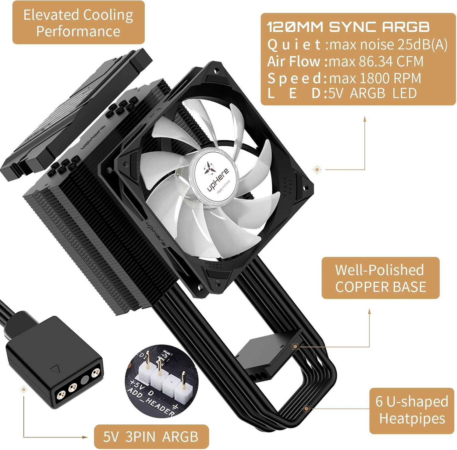 Intel Led Cpu Fan upHere ARGB LED CPU Fan cooler 6 Direct Contact Heat Pipes 120mm PWM ...