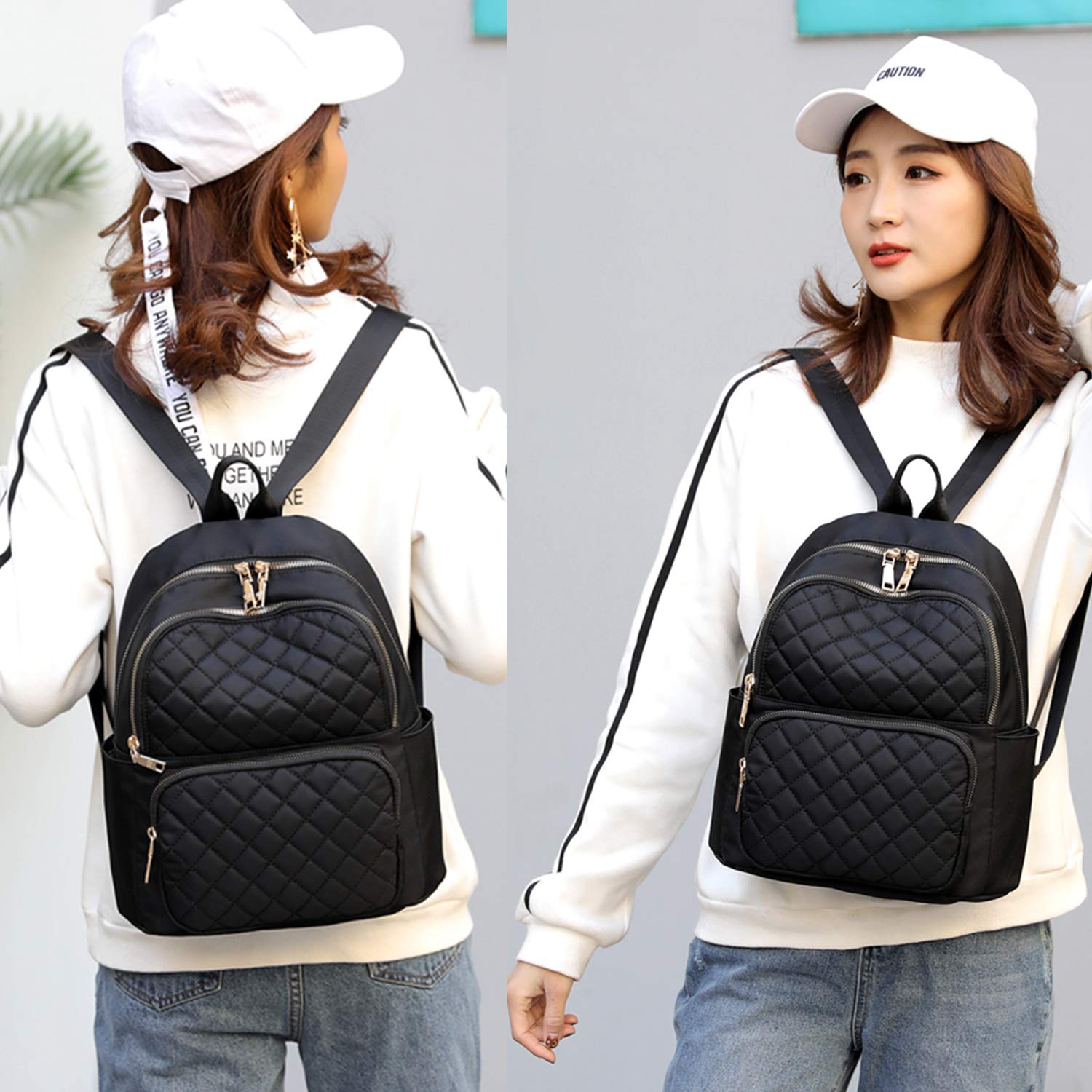 Backpack Ladies Daypack Nylon Waterproof Shoulder Bag Girl Anti-Theft Elegant Backpack (Black)