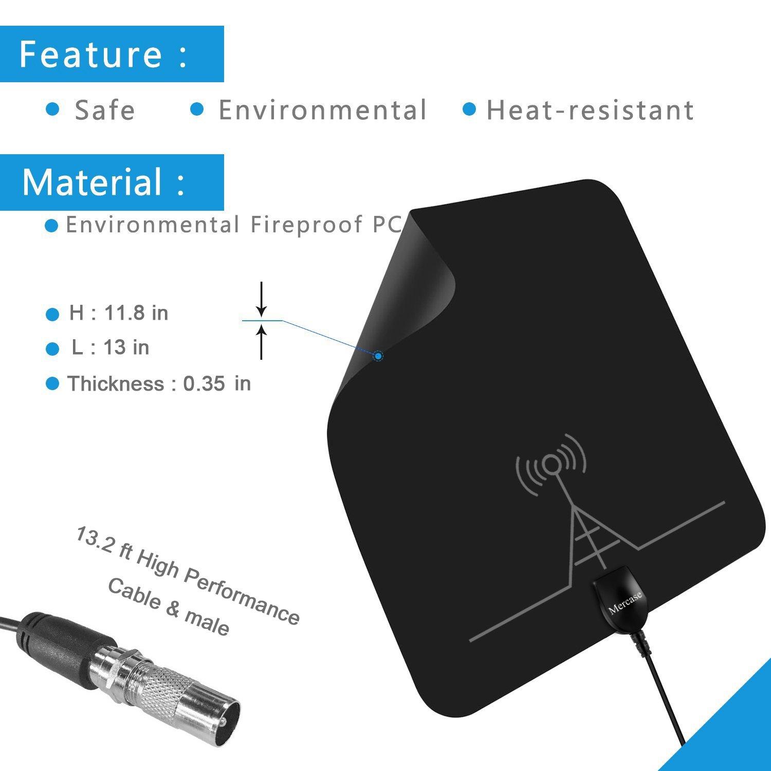 Mercase TV Aerial Indoor [Upgraded High Reception, 60 Miles Range, with Detachable Amplifier Signal Booster, 13.2ft Cable] Amplified 4K 1080P Digital HDTV Freeview Television Antenna