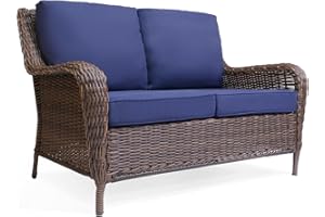 Krikacy Cambridge Outdoor Wicker Loveseat Sofa All-Weather HDPE Rattan Resin Furniture Patio Couch w/CushionGuard, Midnight Navy Blue