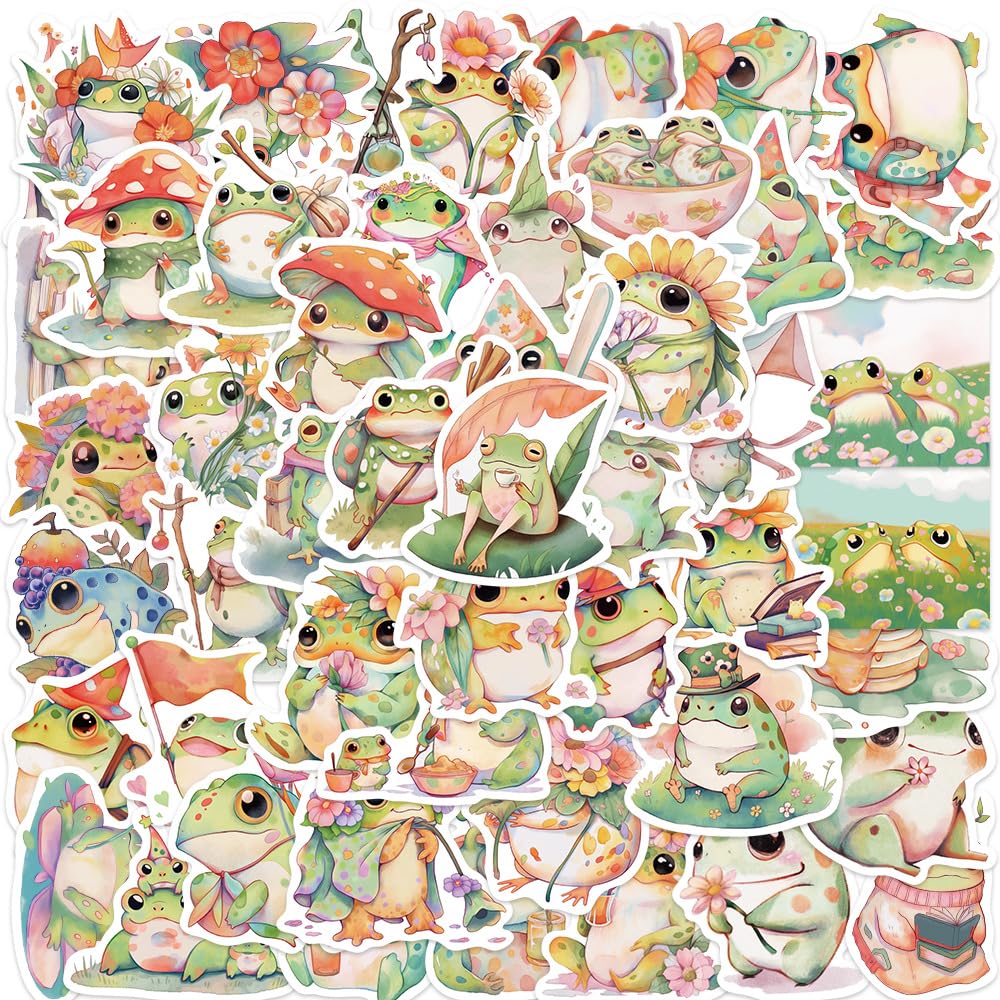 50PCS Cute Watercolor Frog Stickers Pack – Kawaii Aesthetic Green Frog Vinyl Decals for Scrapbook, Journaling, Laptop, Water Bottle, Planner, Nature Amphibians Sticker