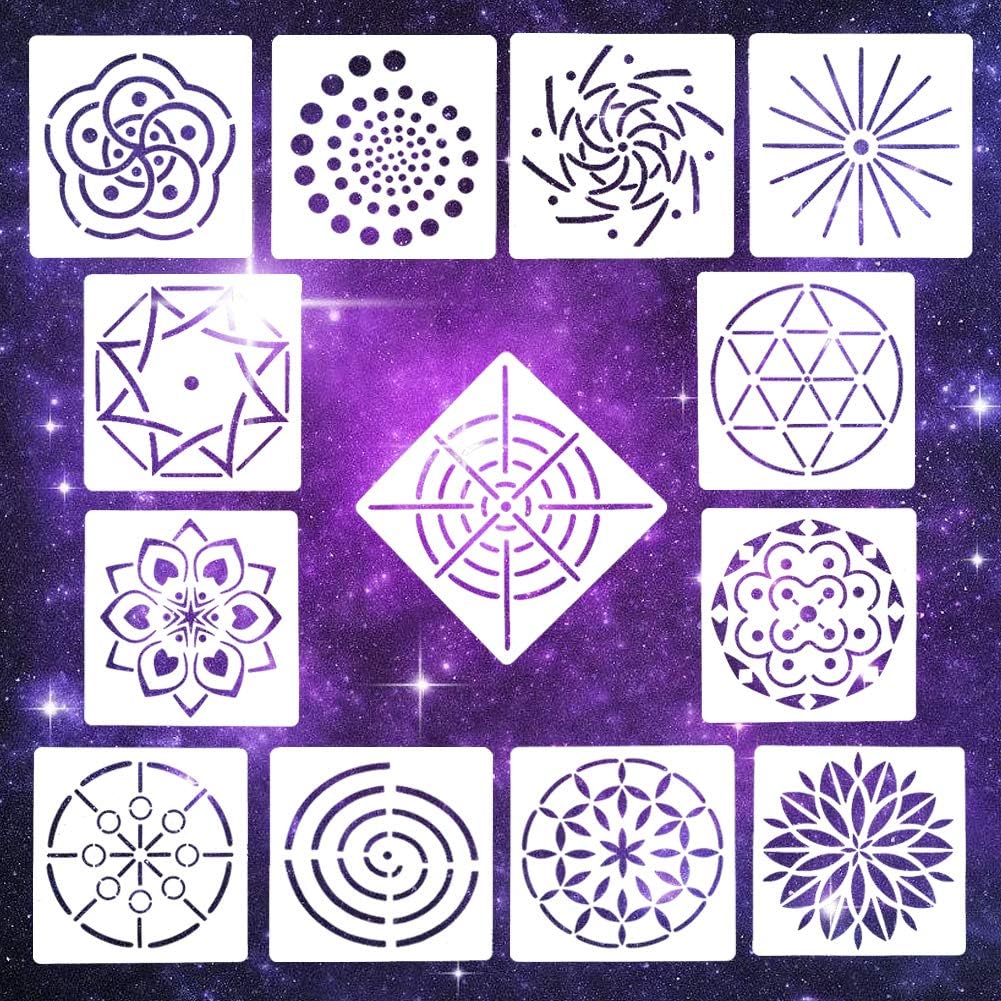 EVNEED Pack of 13 Mandala Dotting Stencils Mandala Stencils Set (5.2 5.2 inch) Painting for Rock ,Wood, Fabric, Airbrush and Walls Art