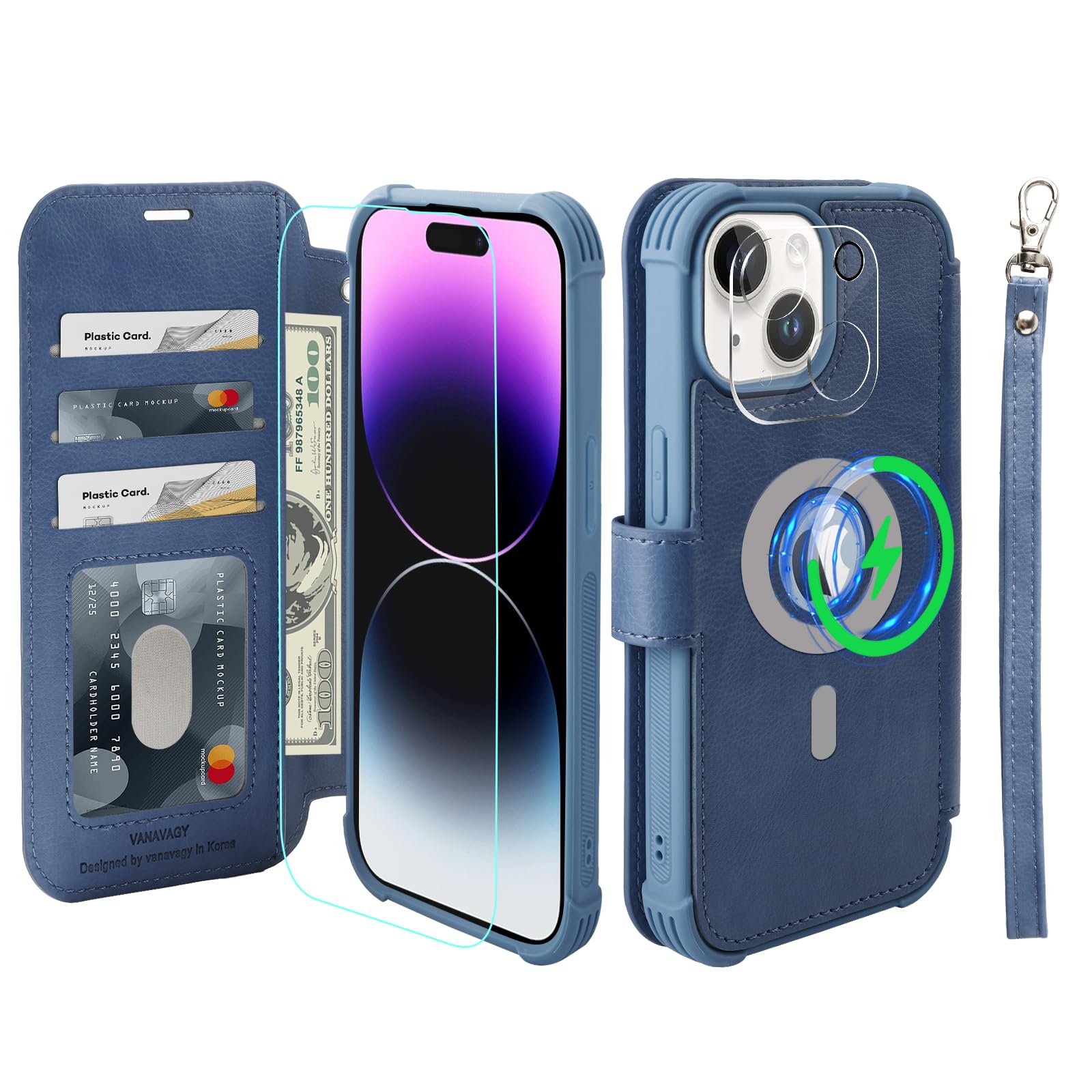Photo 1 of VANAVAGY Wallet Case Compatible for iPhone 15 Plus/iPhone 14 Plus for Magsafe Wireless Charging,PU Leather Flip[Screen Protectors & Camera Lens Protectors] with RFID Block Card Holder,Blue