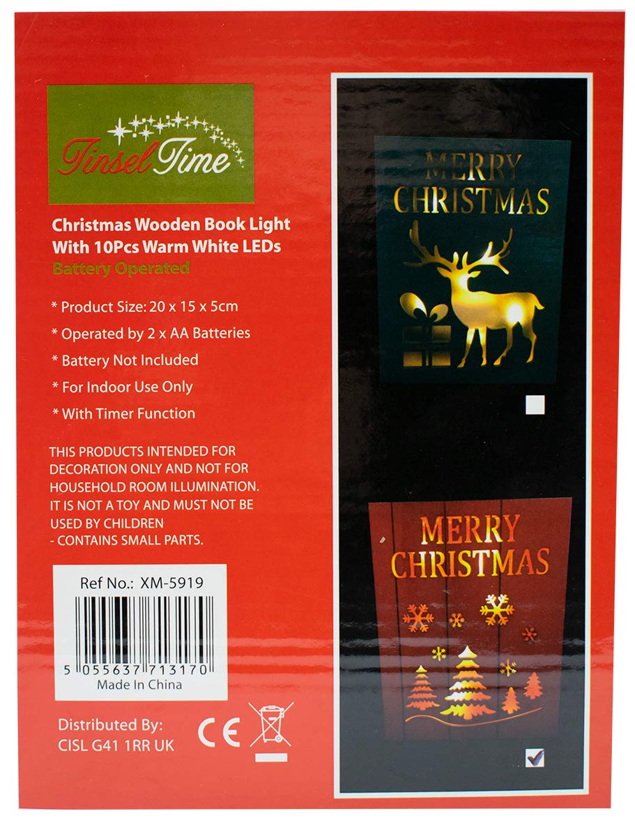 tinsel time Christmas Wooden Book Light With Warm White LEDs