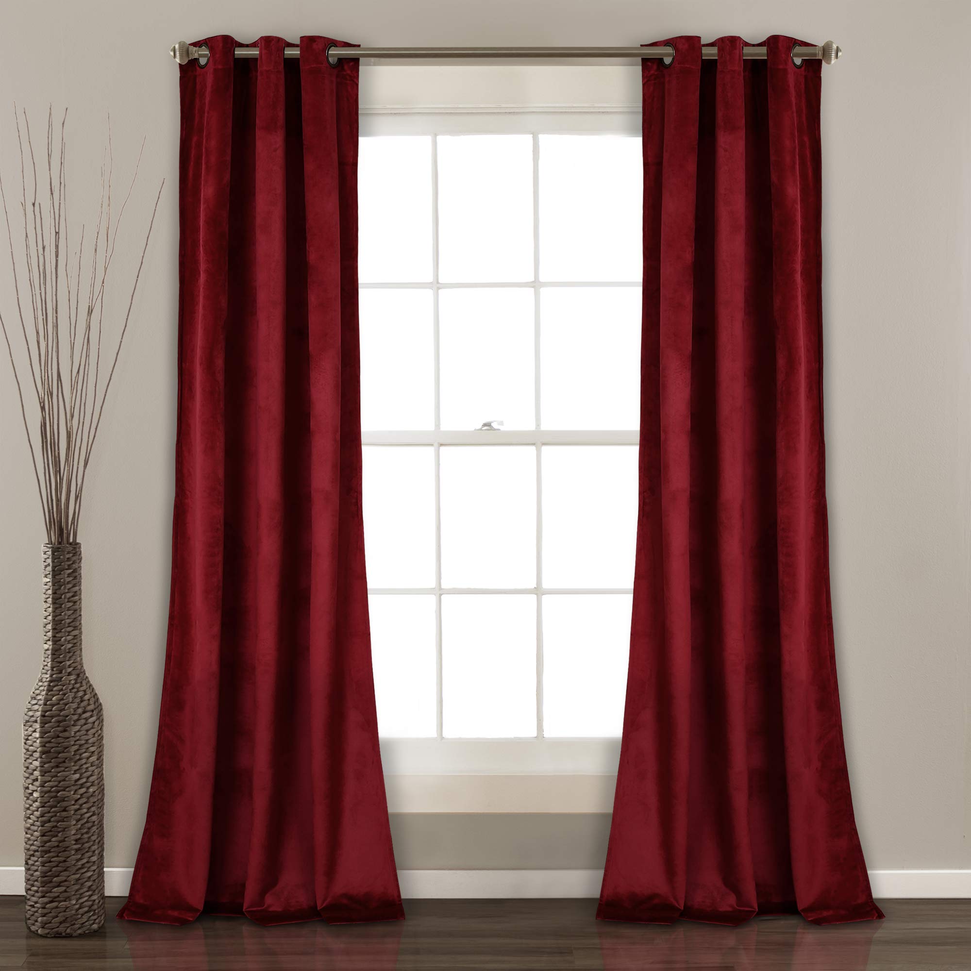 Lush Decor Prima Velvet Solid Light Filtering Grommet Window Curtain Panel Pair, 95" L x 38" W, Red Image