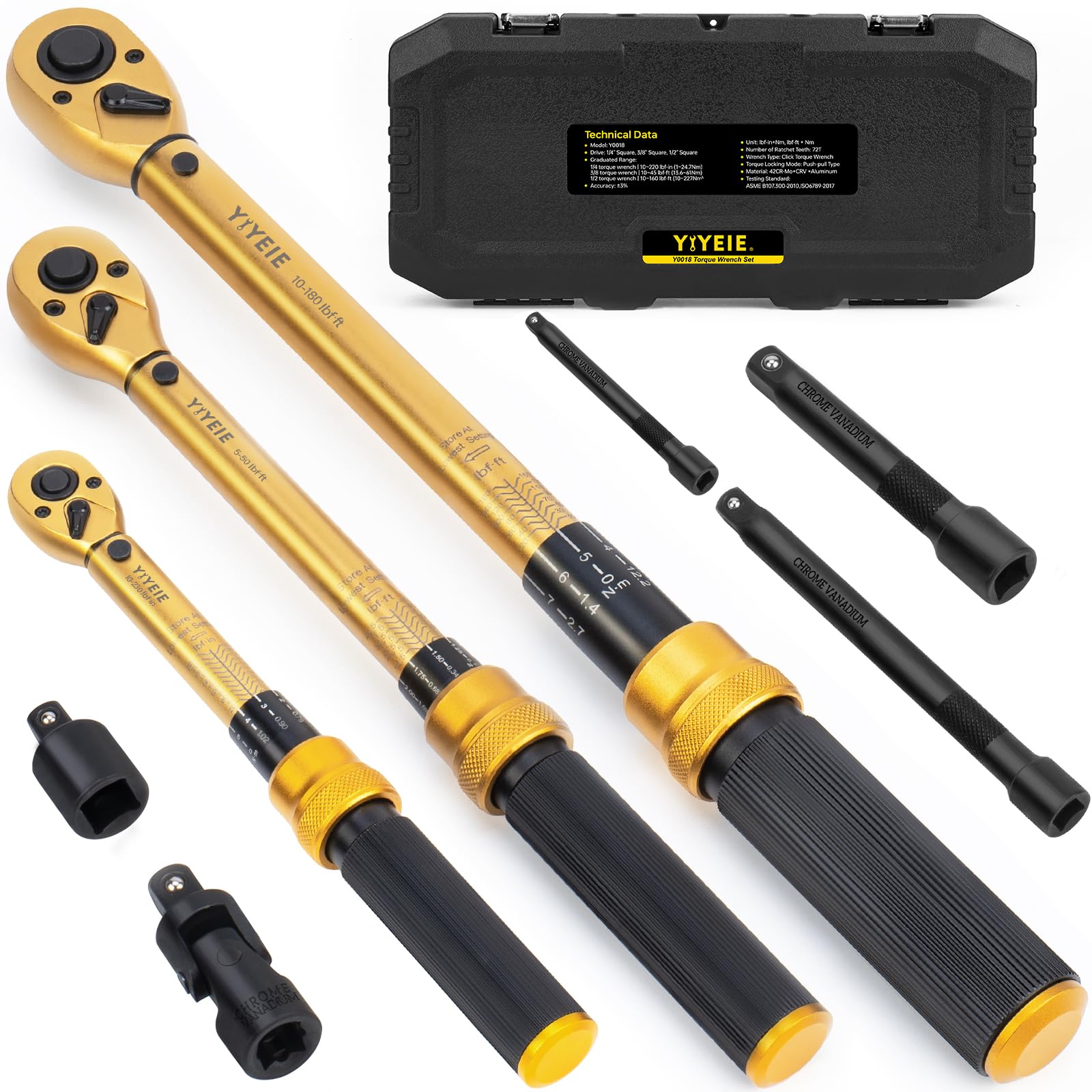 Photo 1 of 1/4 3/8 1/2-inch Drive Click Torque Wrench, 8Pcs Torque Wrench Set 10-230in.lb, 5-50ft.lb, 10-180ft.lb with Adapters, ±3% Accuracy, 72-Tooth Dual Scale Torque Wrenches for Bike, Moto, Car Repair