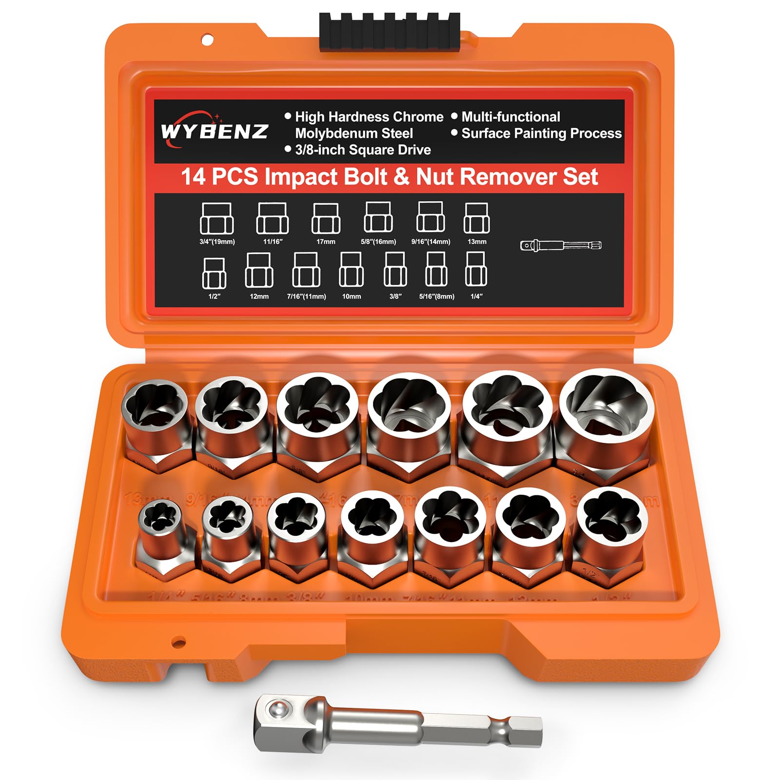 Photo 1 of 14 PCS Bolt Extractor Set, 3/8" Drive Impact Bolt & Lug Nut Remover Socket Tool Kit, Stripped Bolt Extractor Socket Set For Broken,Damaged, Frozen, Studs, Rusted, Rounded-Off Bolts, Nuts & Screws