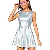 techcity Women's Metallic Shiny Dress Sparkle Flared Pleated Mini Dress with Glasses Club Party Disco Dance Costume