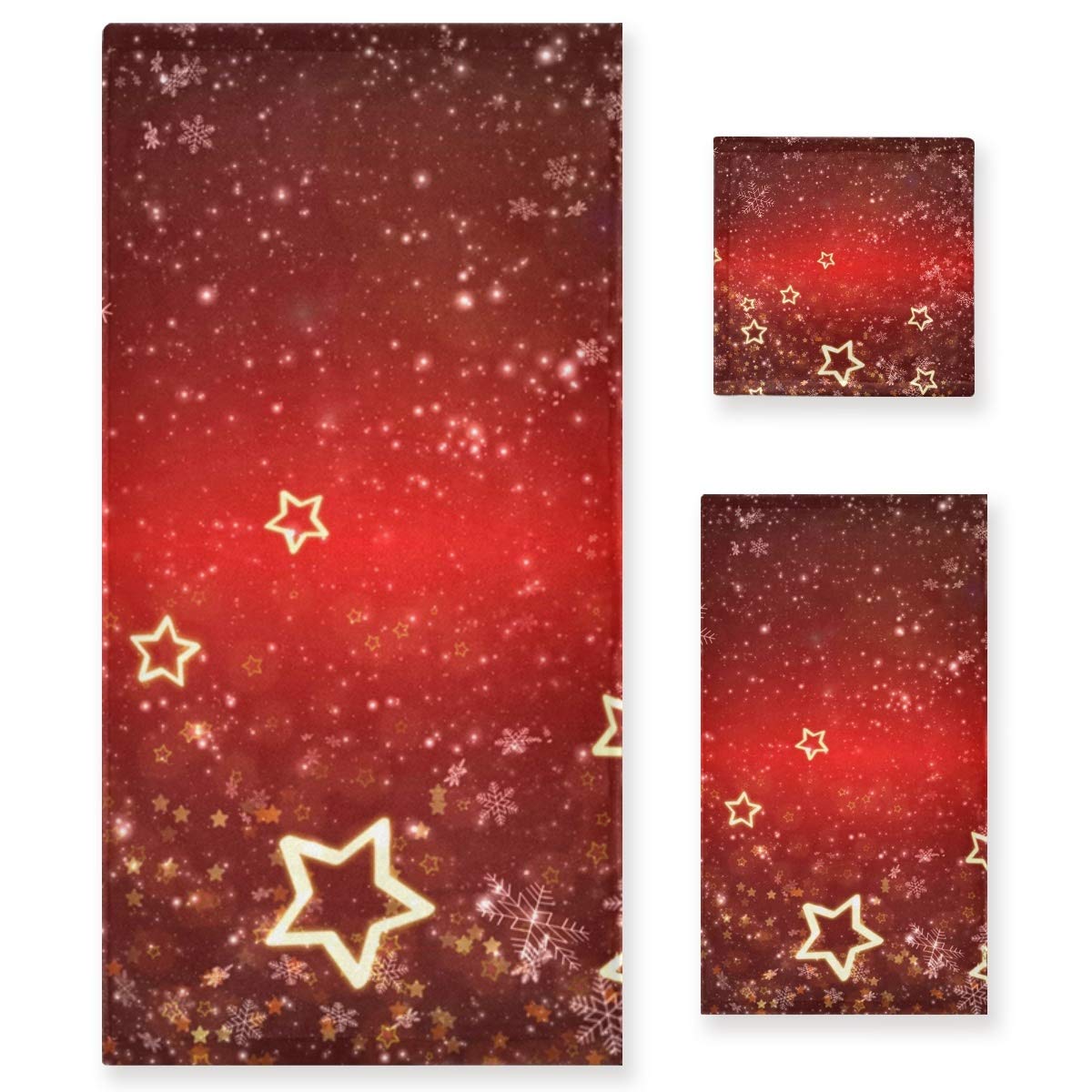 Mnsruu Red Christmas Snowflake Gold Stars Towel Set for Women Girl,Bath Towels Hand Towels and Washcloths,Absorbent Bathroom Accessories