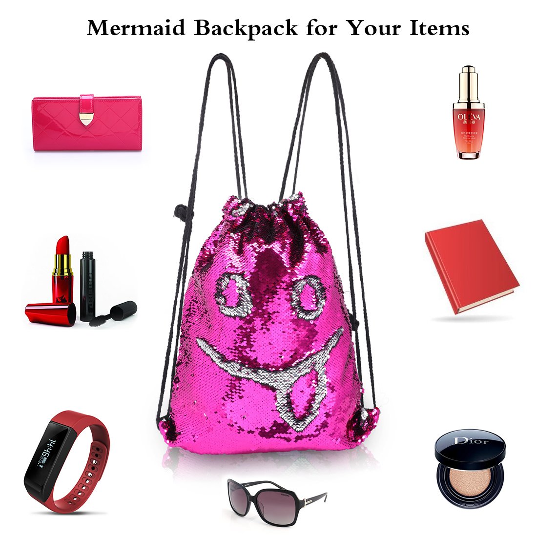 TUONROAD Cute Drawstring Mermaid Sequin Backpack Women Girls Shoulder Dance Bag