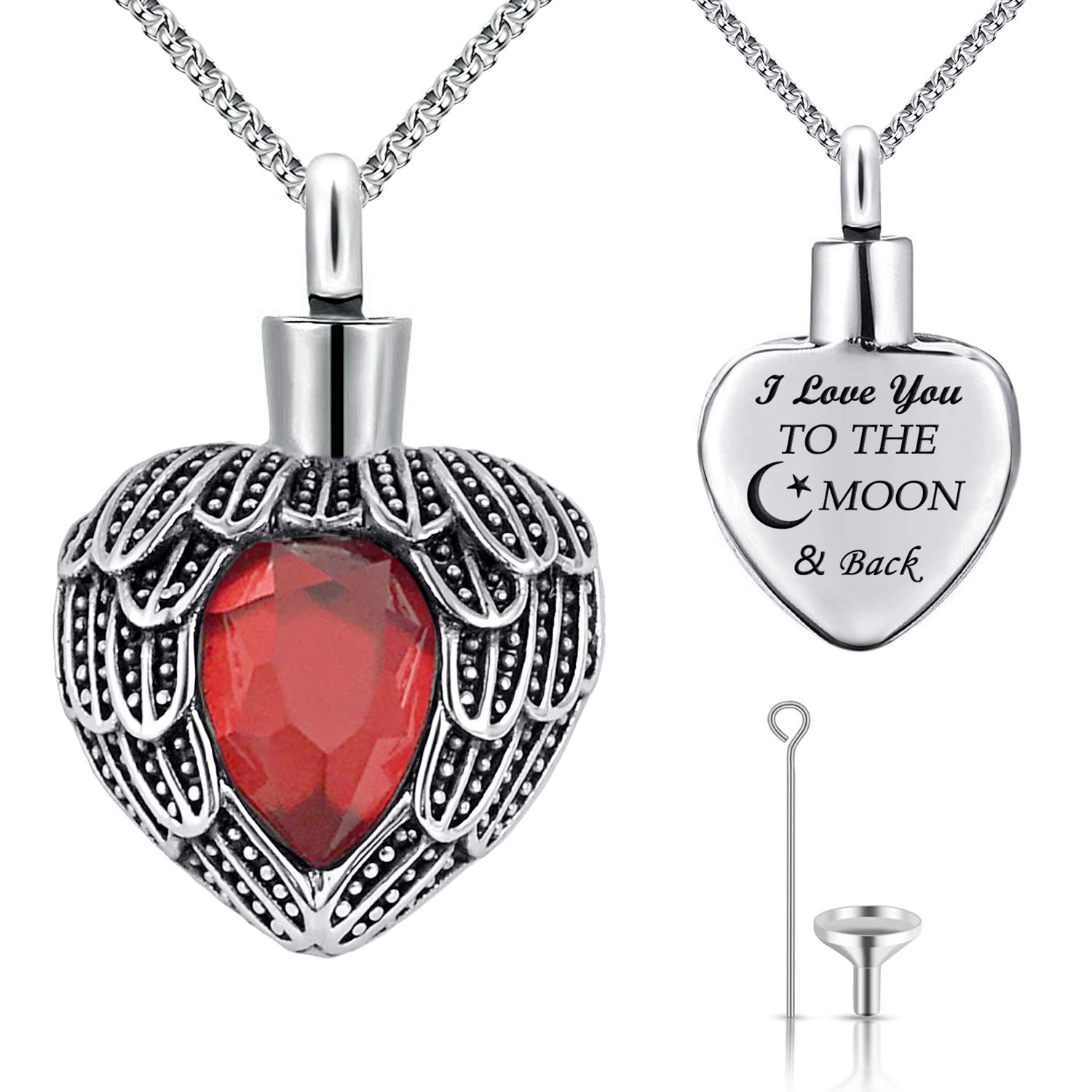 MUERDOU Urn Necklaces for Ashes Angel Wing Birthstone Charm Heart Cremation Jewelry Keepsake Holder Memorial Necklace Pendant