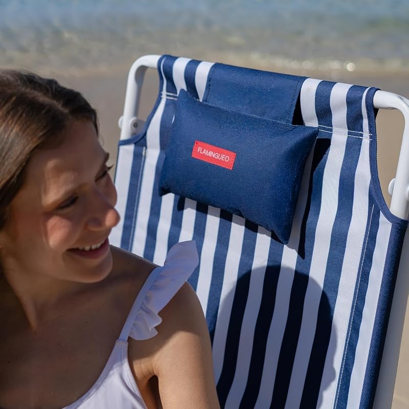 Pack di 2 Sedie da Spiaggia - Reclinabile 5 Posizioni - Tasca Termica - Tasca per Cellulare - Maniglie Tipo Zaino - Cuscino Ergonomico - Alluminio e Poliestere - Blu Navy
