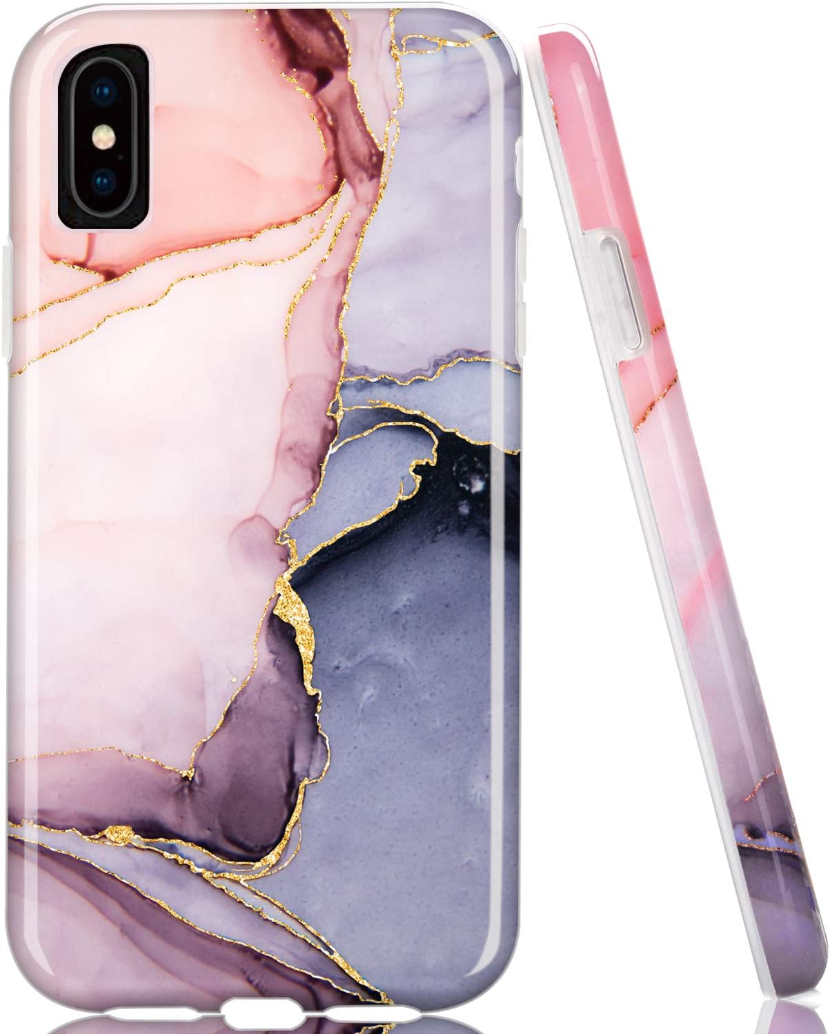 DOUJIAZ Compatible with Bling Glitter Sparkle Marble Design Clear Bumper Glossy TPU Soft Rubber Silicone Cover Phone Case for iPhone X/iPhone Xs(Pink&Purple)