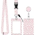 ID Badge Holder with Lanyard, Retractable Badge Holders Reels with Lanyards Adjustable, for Women Kids Teacher Nurses Doctor Student(Pink Leopard)