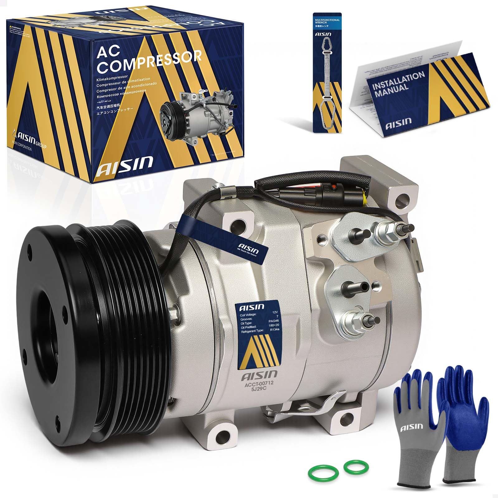 Photo 1 of AISIN AFTERMARKET ACCT-00712 Air Conditioner AC Compressor - Compatible with Toyota 4Runner 2003-2009 4.0L, FJ Cruiser 2007-2009 4.0L - with 7-Pulley Groove, with Clutch