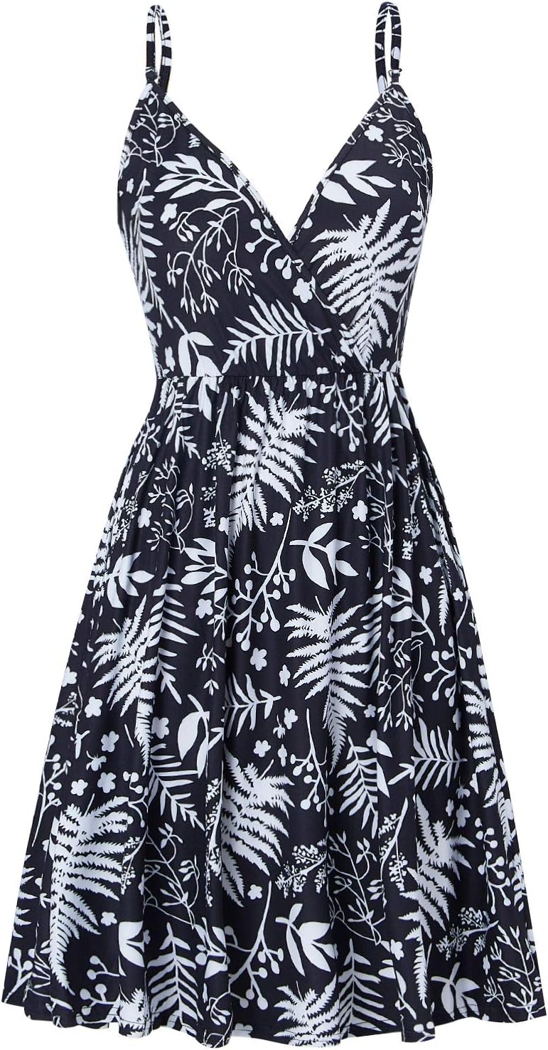 Spreadhoodie Women Sleeveless Beach Dress Summer Cross V Neck Adjustable Spaghetti Straps Bohemia Floral Flared Swing Dress Beach Sundress with Pockets S-XL