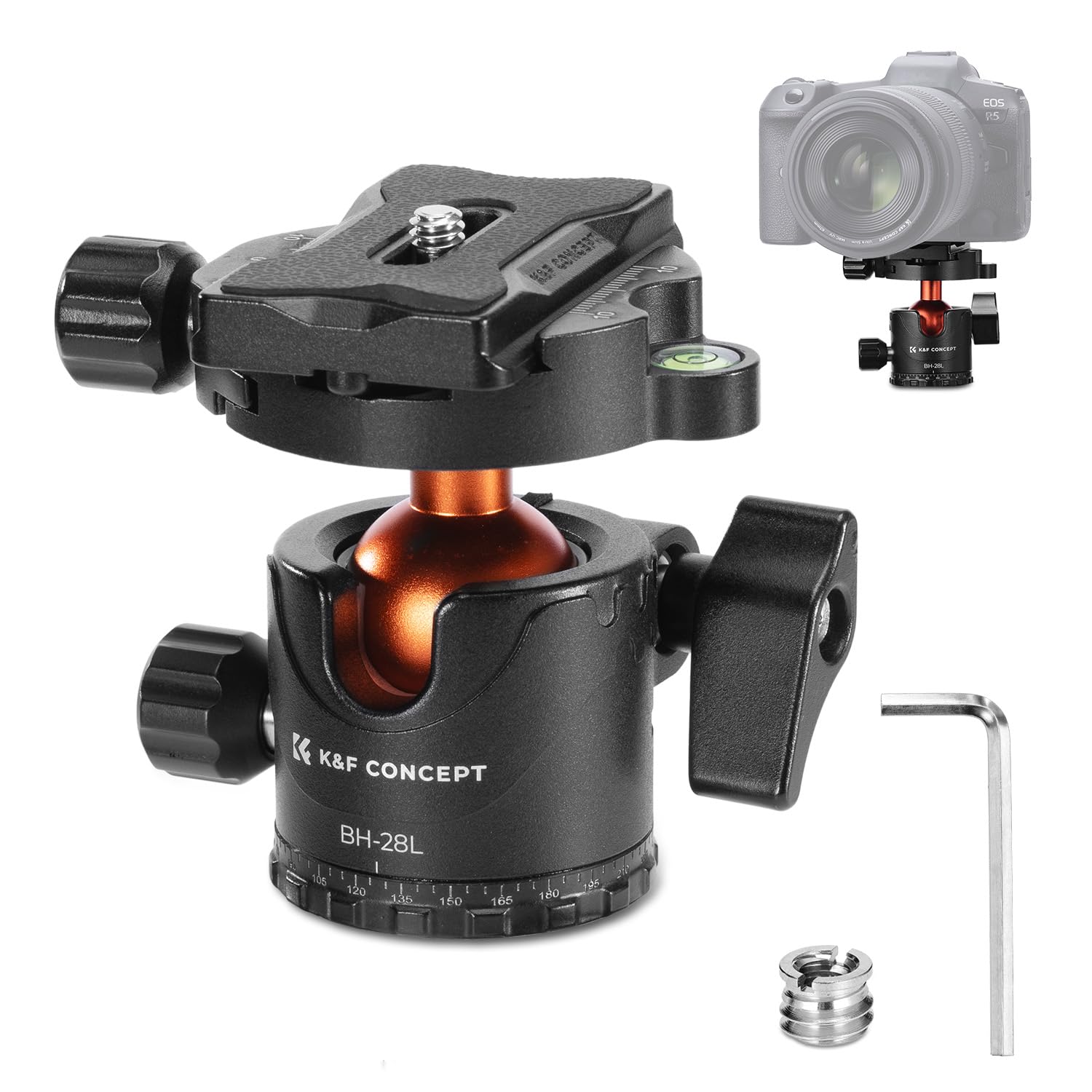 K&F CONCEPT 28mm Tripod Ball Head 360° Panoramic, Low Profile Ball Head with 1/4" Screw 3/8" Thread Mount and QR Plate, Bubble Level for Camera, Tripod, Monopod, binocular, Load Capacity up to 10KG