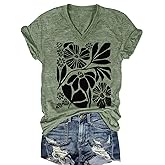 Vintage Boho Tops for Women V-Neck Flowers Shirt Spring Graphic Tees Floral Print Summer Casual Short Sleeve Tshirt Top