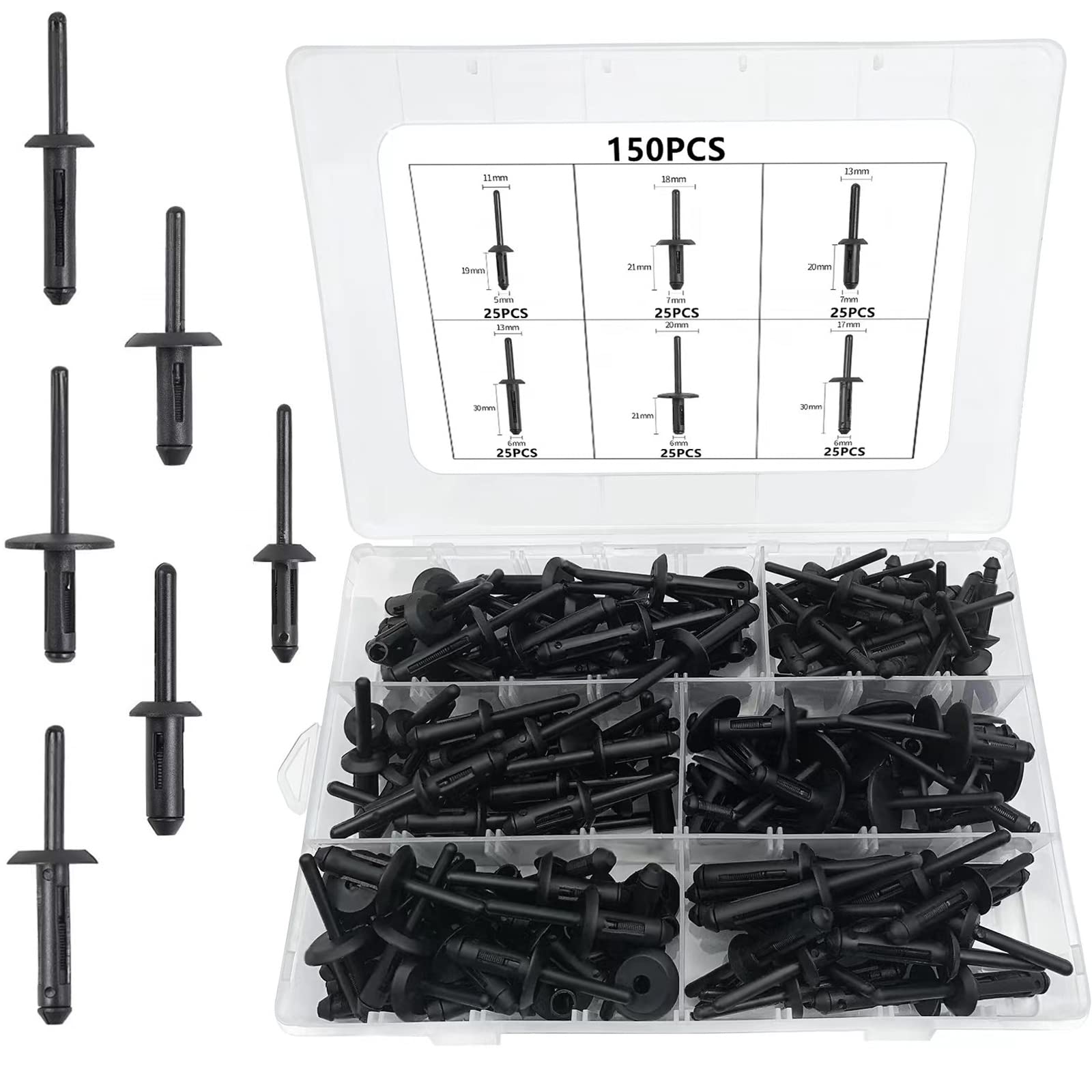 Photo 1 of 150Pcs Plastic Rivet Clip,Automotive Universal Nylon Pop Rivet Assortment,6 Most Popular Sizes Black Nylon Universal Rivet Kit,Replacement for GM Ford Chrysler VW,Nylon Fastener