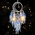 KHOYIME LED Light Up Dream Catcher Half Circle Moon Decor with Lights Handmade Feather Dreamcatchers for Bedroom Bohemian Home Decor Wedding Ornament Craft Gift for Girls Boys (Blue)