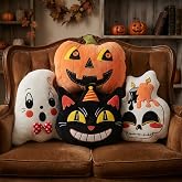 QIONG MENG 4Pcs Halloween Pillows Skeleton Ghost Black Cat Vintage Retro Traditional 90S Primitive Mummy Throw Pillows Sofa Bedroom Indoor Home Decor