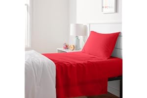 Amazon Basics Kid's Soft, Breathable, Machine Washable Microfiber 3-Piece Sheet Set with Pillowcase, Twin, Red, Solid