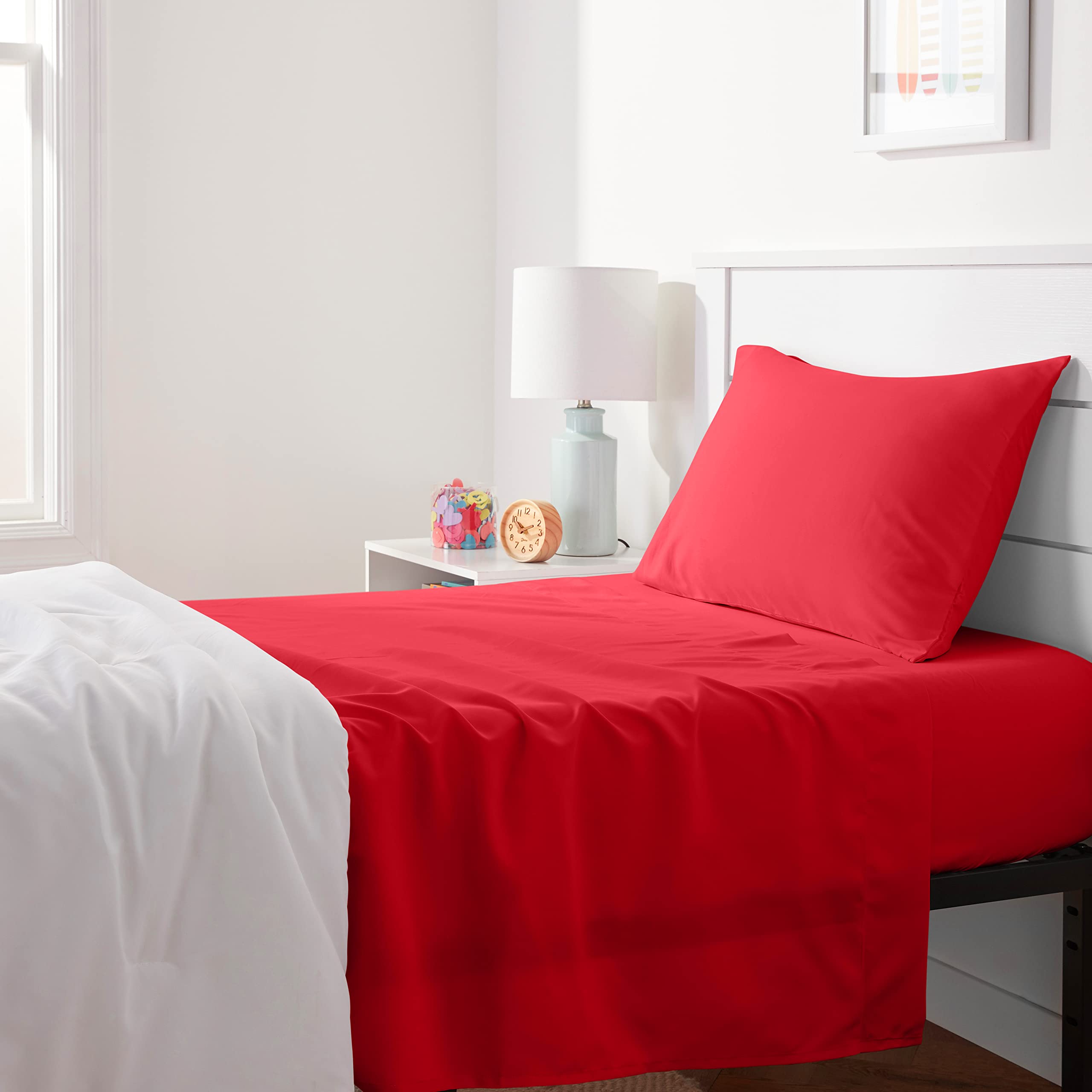 Photo 1 of Amazon Basics Kid's Soft Easy-Wash Lightweight Microfiber 3-Piece Sheet Set, Twin, Red, Solid