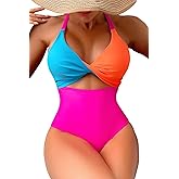 Leoparts Women's Color Block One Piece Swimsuit Sexy V Neck Twist Cutout Monokini High Cut Crisscross Back Bathing Suits