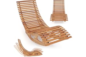 HAPPYGRILL Outdoor Acacia Wood Chaise Lounge, Rocking Chair with High Back, Slatted Seat, Stopper, Outside Wood Rocker, 350 L