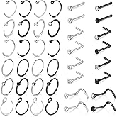 MODRSA 18 Nose Rings Studs Surgical Stainless Steel Hypoallergenic L Shaped Nose Piercing Jewelry for Women Men Silver Black Nostril Hoop Rings 18 Gauge