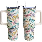 bchiijds 40 oz Dragonfly Cup Tumbler with Handle Lid and Straw, Dragonfly Gifts for Women, Cute Tumblers for Women