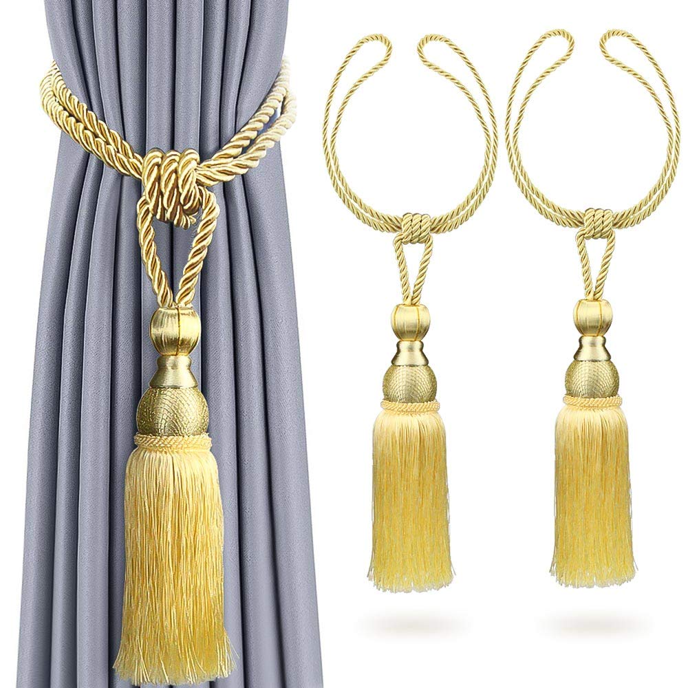 Rayong 2Pcs Premium Tassel Curtains Tie Backs Curtain Tiebacks Tassel, Antique Tassels Holdbacks Living Tassel Ball Rope for Home Decor (Gold)