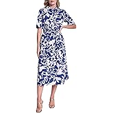 DKNY Womens Short Sleeve Cotton Poplin Collared Midi Shirtdress