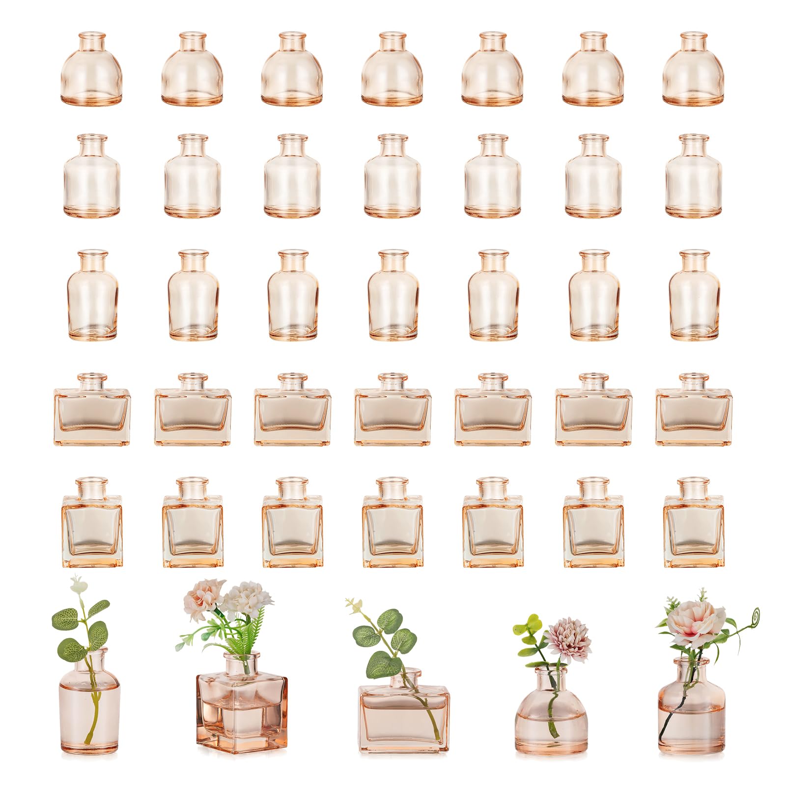 Photo 1 of Hewory Small Glass Bud Vases for Centerpieces 40pcs Amber Sturdy Cute Flower Vases Bulk, Mini Bottle Vase for Wedding Home Decor Birthday Party Events Mother's Day Bridal Shower Gifts Table Decor