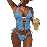 ZAFUL Halter Swimsuits for Women Textured Backless 2 Piece Bathing Suits Cheeky High Cut String Tie Side Bikini Sets