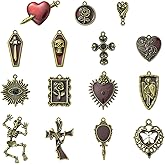 KitBeads 30Pcs 15 Styles Gothic Skull Charms Antique Cross Bronze Red Sacred Heart Charms for Jewelry Making Bracelets Earrings Necklaces Crafts