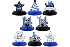 LASKYER Happy 14th Birthday Party Decorations, Glitter Shiny Honeycomb Table Centerpieces Fourteen Years Old Birthday Party Photoprop Sign. - Blue Glitter