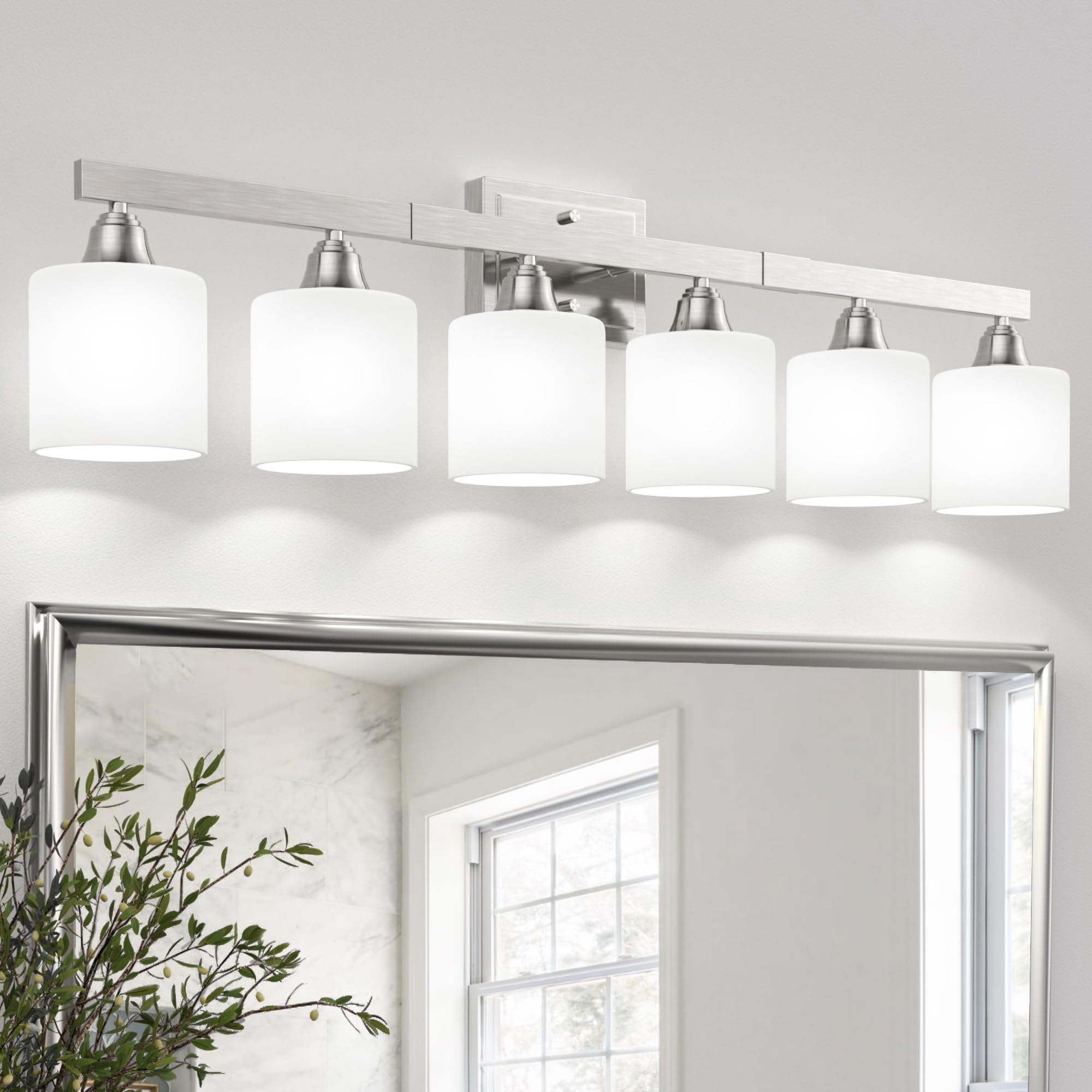 Photo 1 of VOLISUN Brushed Nickel Bathroom Light Fixtures, 6-Light Bathroom Vanity Lights Over Mirror, Modern Vanity Light for Bathrooms, Bathrooms Lights Fixtures Over Mirror with Milky White Glass Shades