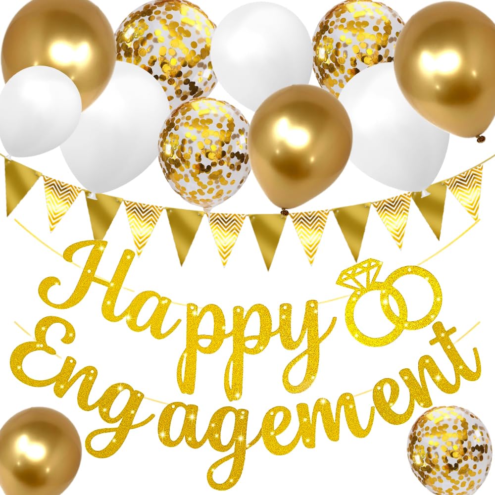Golden Happy Engagement Banner - Triangle Flag Balloon Ring Decoration Supplies for Proposal and Engagement