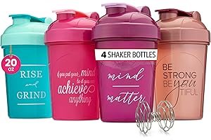 GOMOYO [4-Pack] 20 oz Protein Shaker Bottles | Women's Shaker Cups for Protein Shakes | Small Blender Shaker Bottle Set | Dishwasher Safe with 4x Wire Mixers | Pink, Purple, Teal, Rose