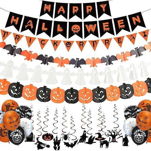 Aleshime Halloween Party Banner Decorations, Happy Halloween Decorations Hanging Set Balloons Hanging Swirls Trick or Treat Signs for Kids Indoor Home School Party Decoration