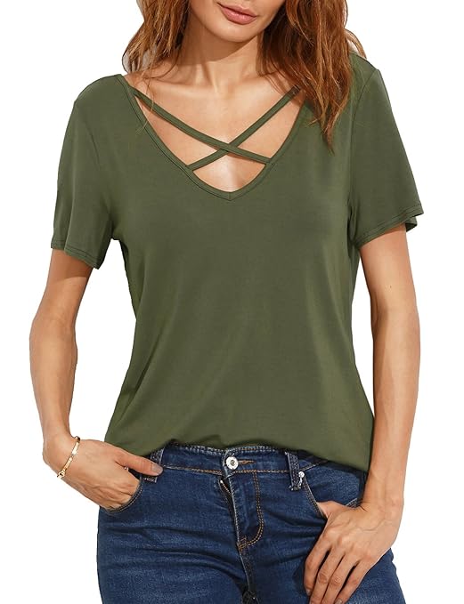 Damen V-Ausschnitt T-Shirt Sommer Kurzarmt mit Schnürung Vorne Oberteil Bluse Shirt