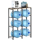 Arbuxzuy Metal 5 Gallon Water jug Holder for 6 Bottles, 3-Tier Water Gallon Holder with Wood Storage Shelf, Heavy Duty 5 Gallon Water jug Rack for Kitchen/Restaurant/Living Room/Home/Office/Gym